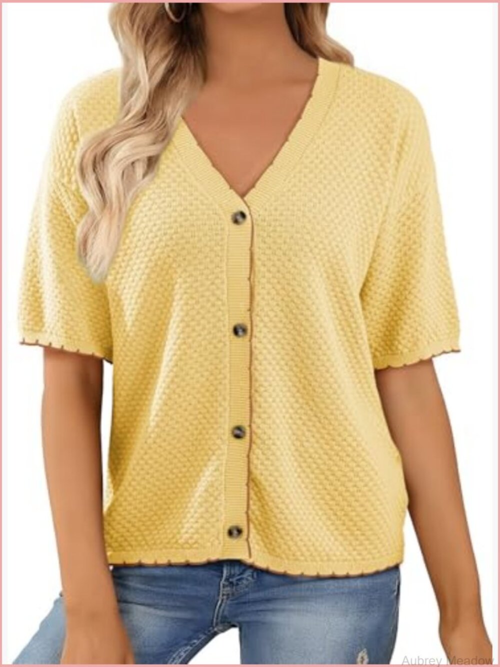 Textured Knit V-Neck Button Down Cardigan - Short Sleeve Cotton Top - Picture 2 of 7